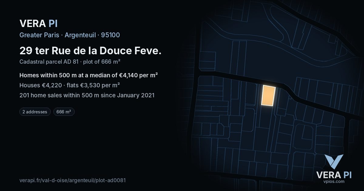 29 ter Rue de la Douce Feve, Argenteuil at night – the plot lit, the parcels around coloured by the prices near them