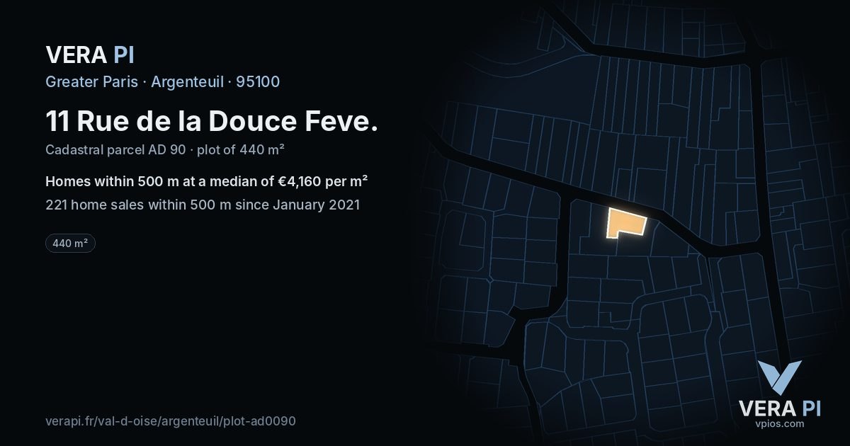 11 Rue de la Douce Feve, Argenteuil at night – the plot lit, the parcels around coloured by the prices near them