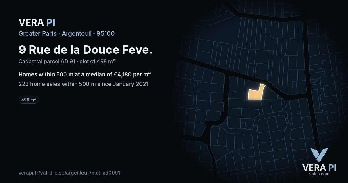 9 Rue de la Douce Feve, Argenteuil at night – the plot lit, the parcels around coloured by the prices near them