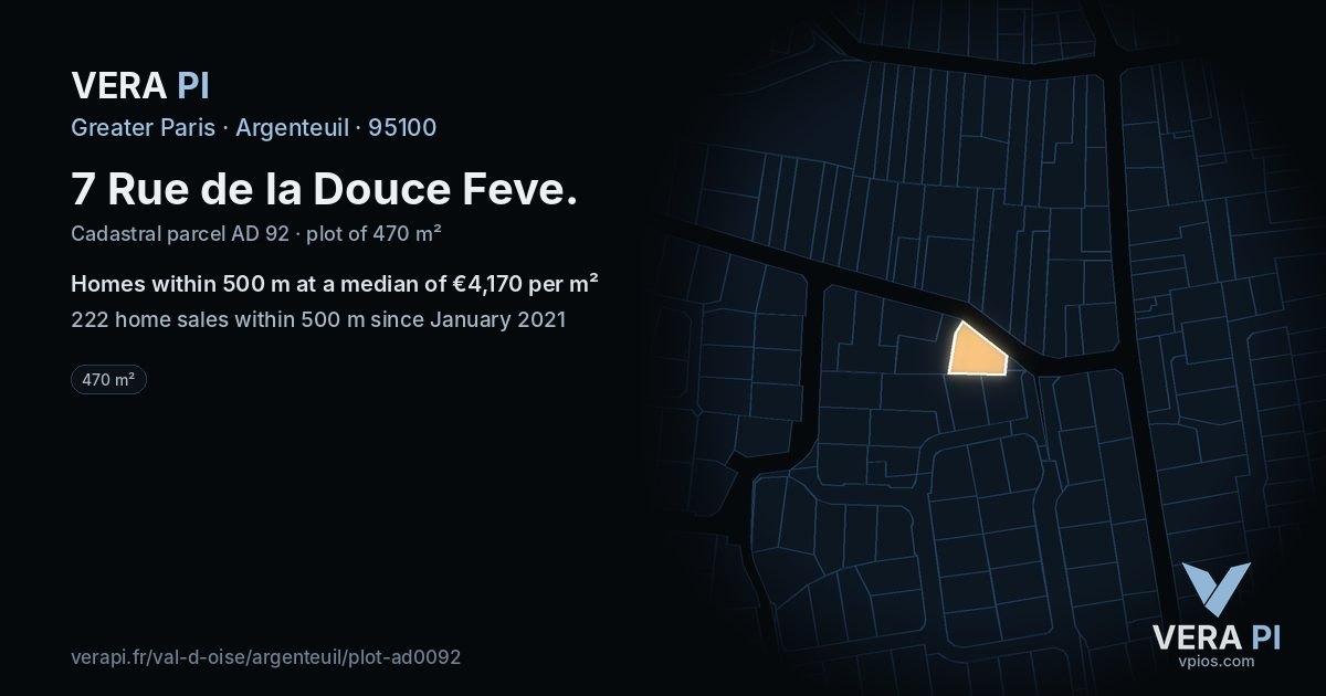 7 Rue de la Douce Feve, Argenteuil at night – the plot lit, the parcels around coloured by the prices near them