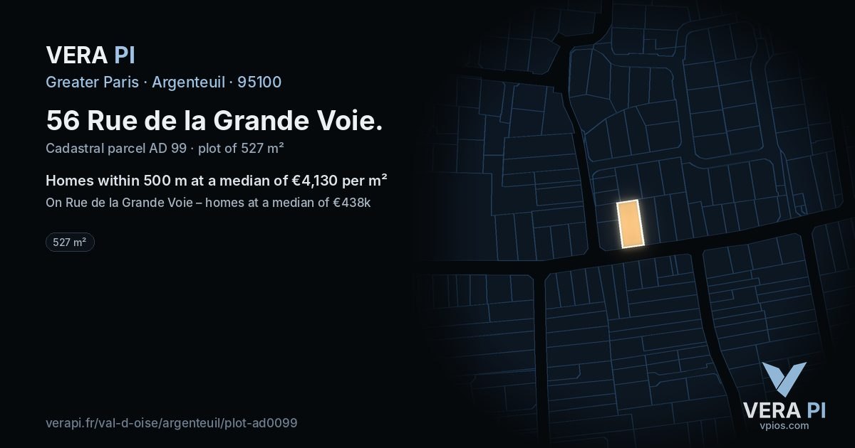 56 Rue de la Grande Voie, Argenteuil at night – the plot lit, the parcels around coloured by the prices near them