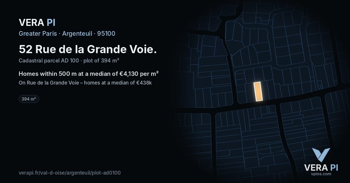 52 Rue de la Grande Voie, Argenteuil at night – the plot lit, the parcels around coloured by the prices near them