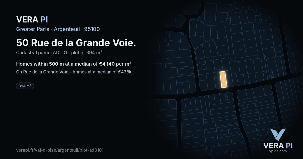 50 Rue de la Grande Voie, Argenteuil at night – the plot lit, the parcels around coloured by the prices near them