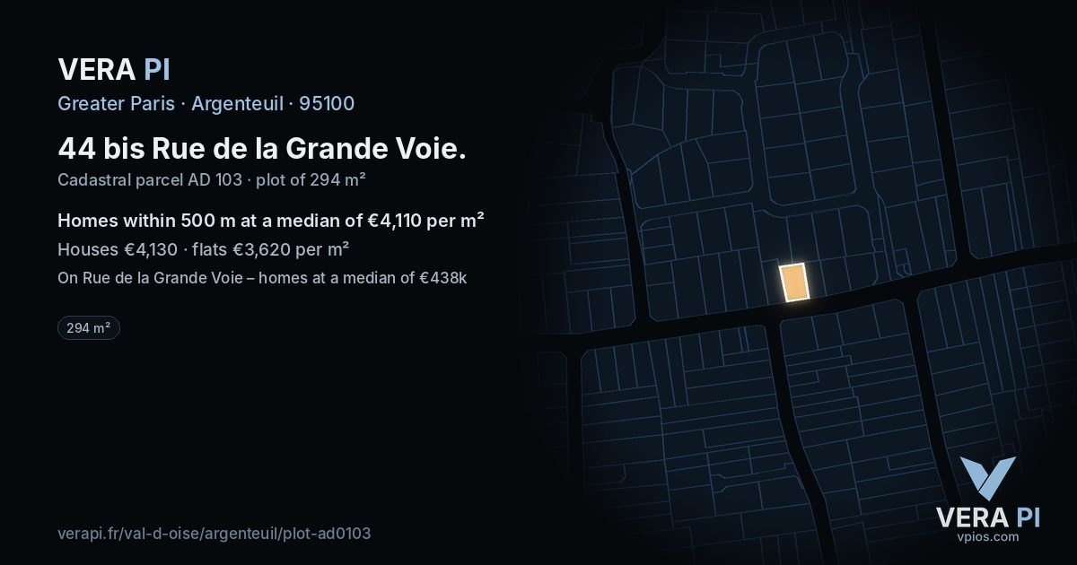 44 bis Rue de la Grande Voie, Argenteuil at night – the plot lit, the parcels around coloured by the prices near them