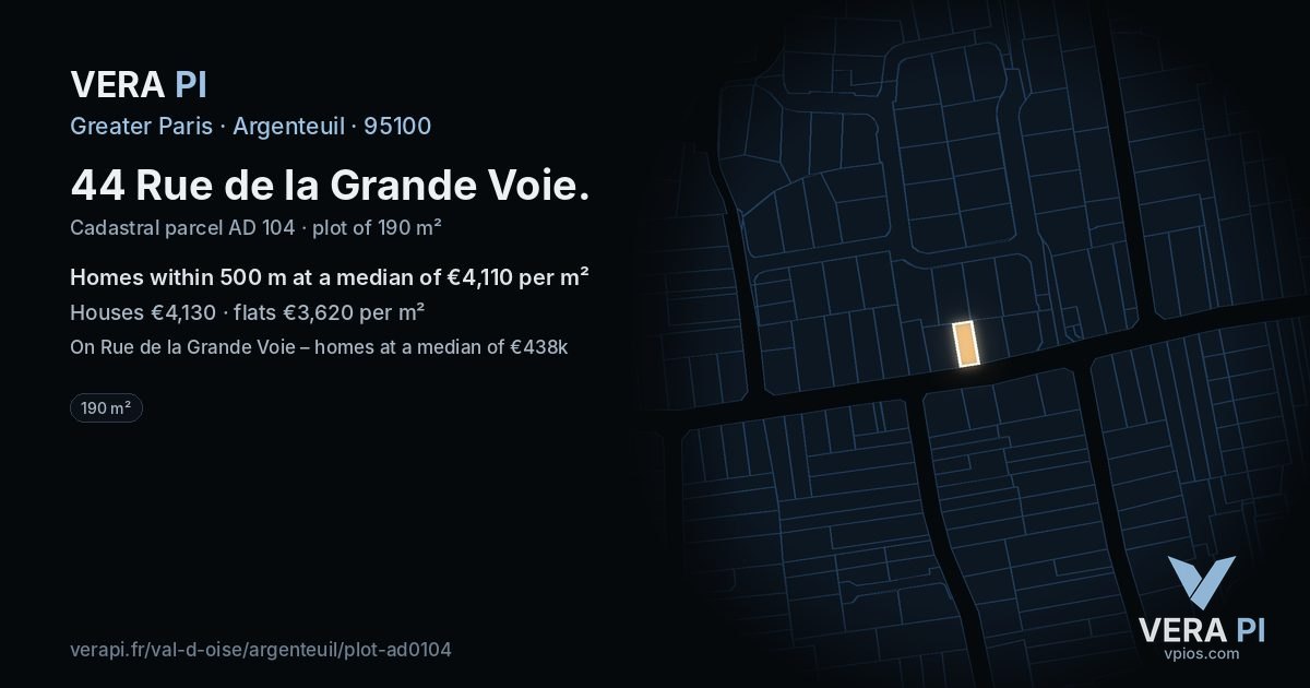 44 Rue de la Grande Voie, Argenteuil at night – the plot lit, the parcels around coloured by the prices near them