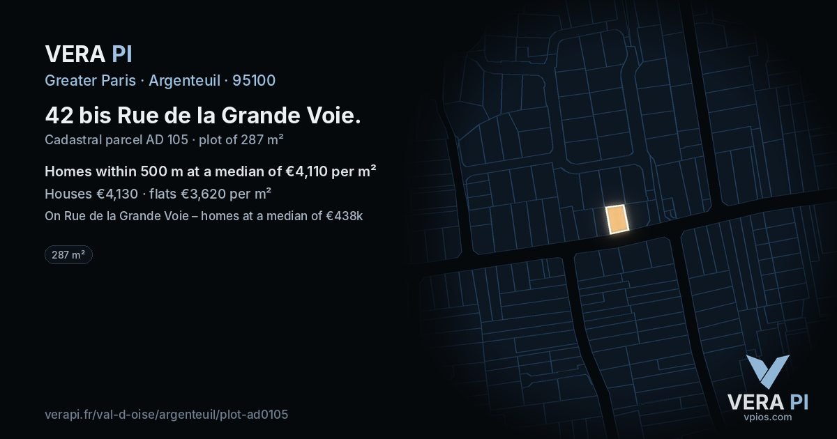 42 bis Rue de la Grande Voie, Argenteuil at night – the plot lit, the parcels around coloured by the prices near them