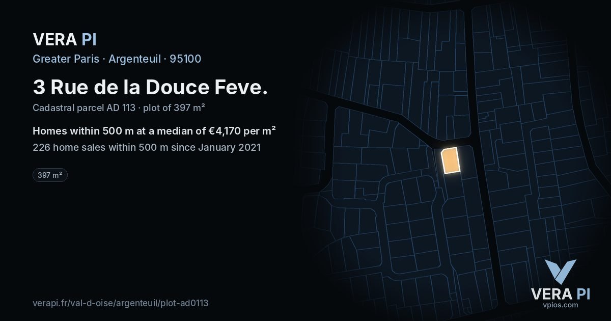 3 Rue de la Douce Feve, Argenteuil at night – the plot lit, the parcels around coloured by the prices near them