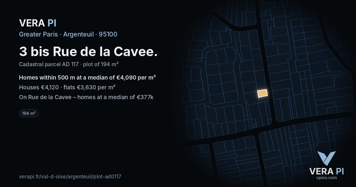 3 bis Rue de la Cavee, Argenteuil at night – the plot lit, the parcels around coloured by the prices near them