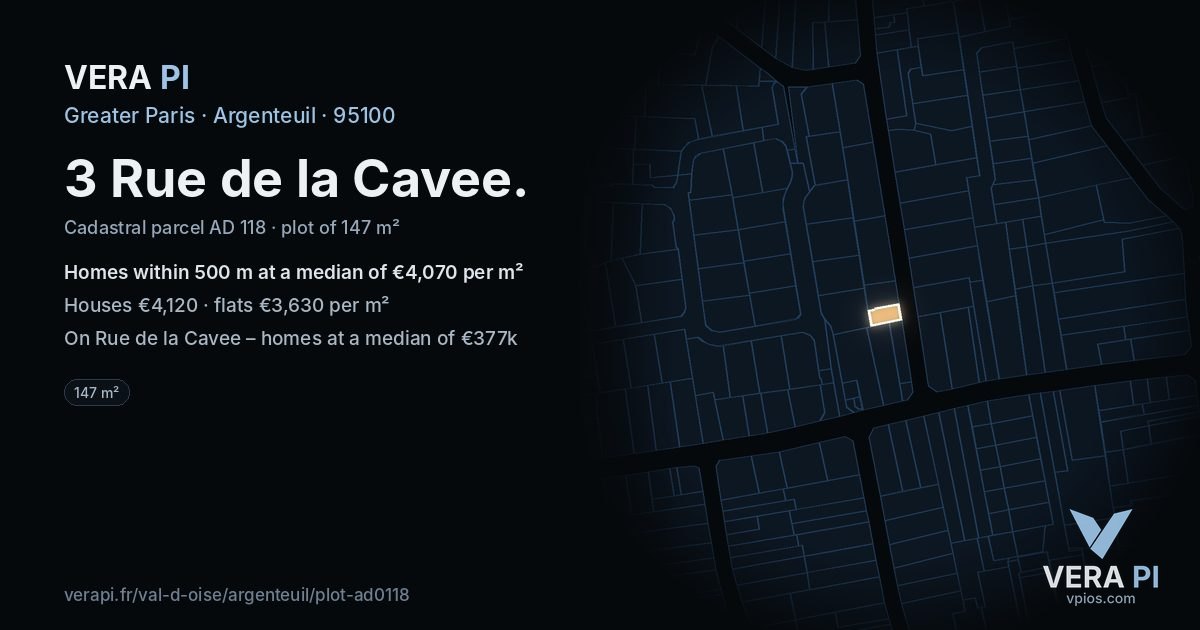 3 Rue de la Cavee, Argenteuil at night – the plot lit, the parcels around coloured by the prices near them