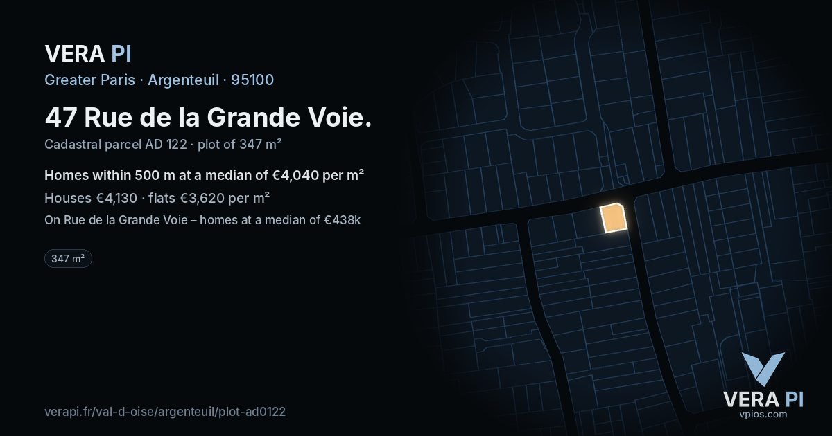 47 Rue de la Grande Voie, Argenteuil at night – the plot lit, the parcels around coloured by the prices near them