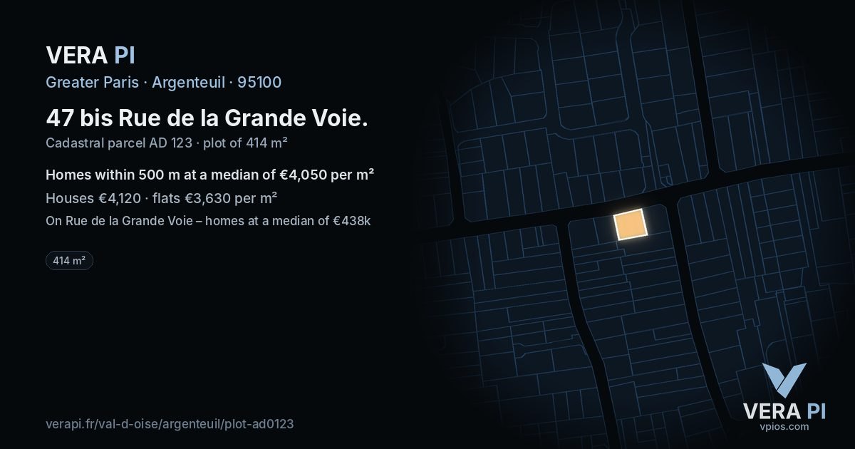 47 bis Rue de la Grande Voie, Argenteuil at night – the plot lit, the parcels around coloured by the prices near them