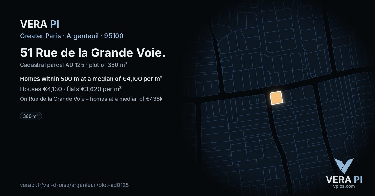 51 Rue de la Grande Voie, Argenteuil at night – the plot lit, the parcels around coloured by the prices near them