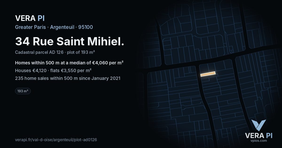 34 Rue Saint Mihiel, Argenteuil at night – the plot lit, the parcels around coloured by the prices near them