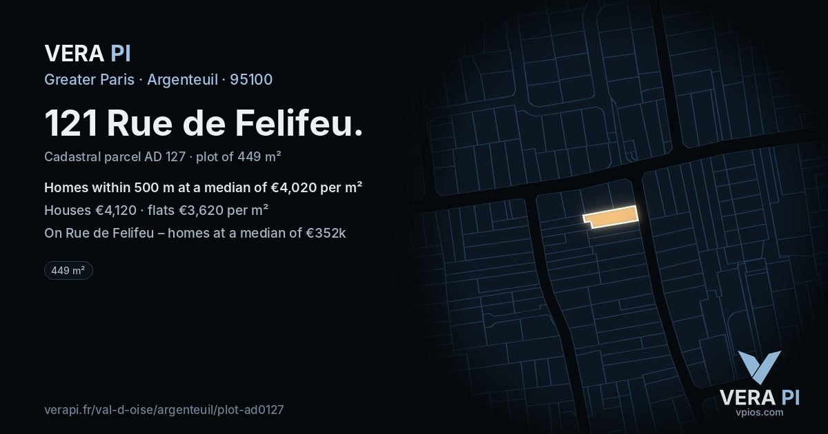 121 Rue de Felifeu, Argenteuil at night – the plot lit, the parcels around coloured by the prices near them