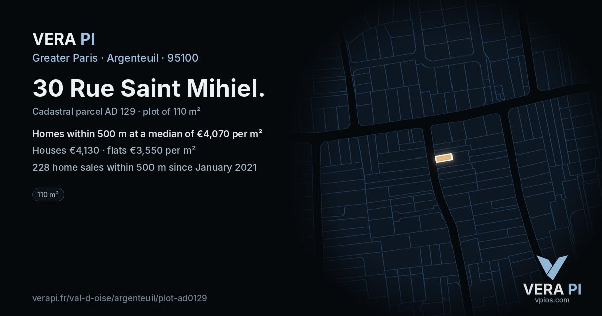 30 Rue Saint Mihiel, Argenteuil at night – the plot lit, the parcels around coloured by the prices near them