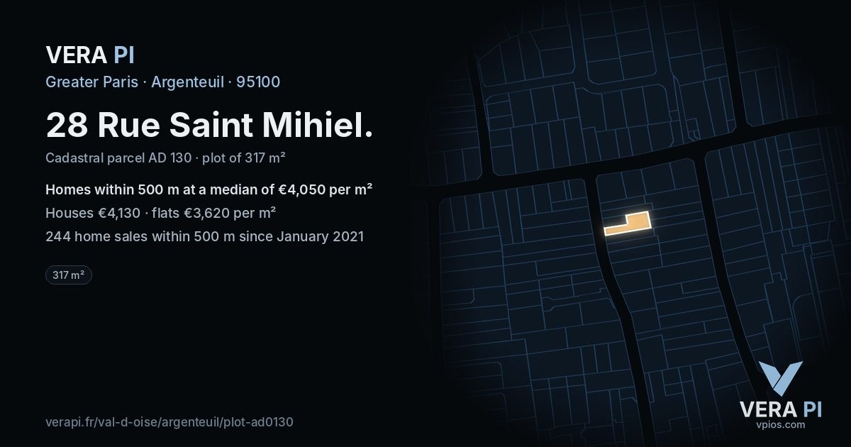 28 Rue Saint Mihiel, Argenteuil at night – the plot lit, the parcels around coloured by the prices near them