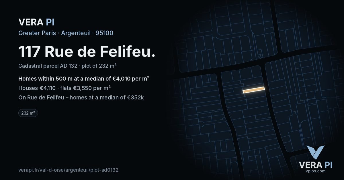 117 Rue de Felifeu, Argenteuil at night – the plot lit, the parcels around coloured by the prices near them