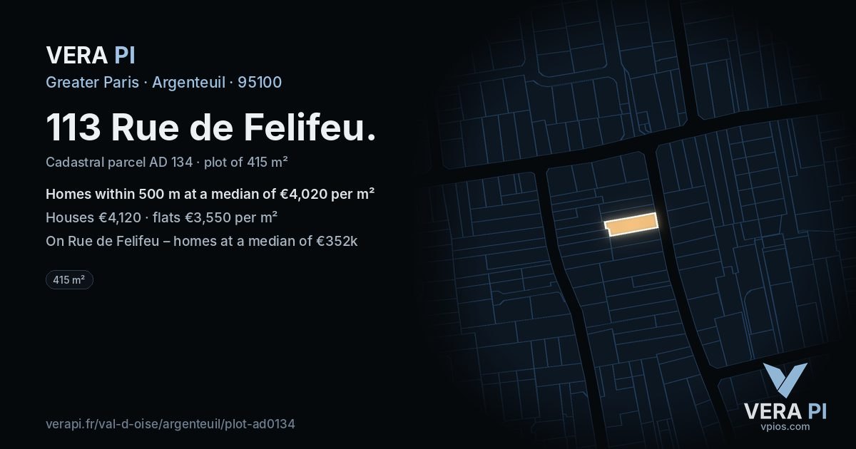 113 Rue de Felifeu, Argenteuil at night – the plot lit, the parcels around coloured by the prices near them