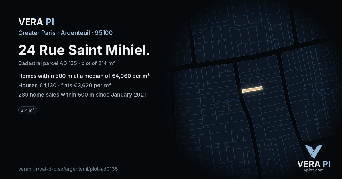 24 Rue Saint Mihiel, Argenteuil at night – the plot lit, the parcels around coloured by the prices near them