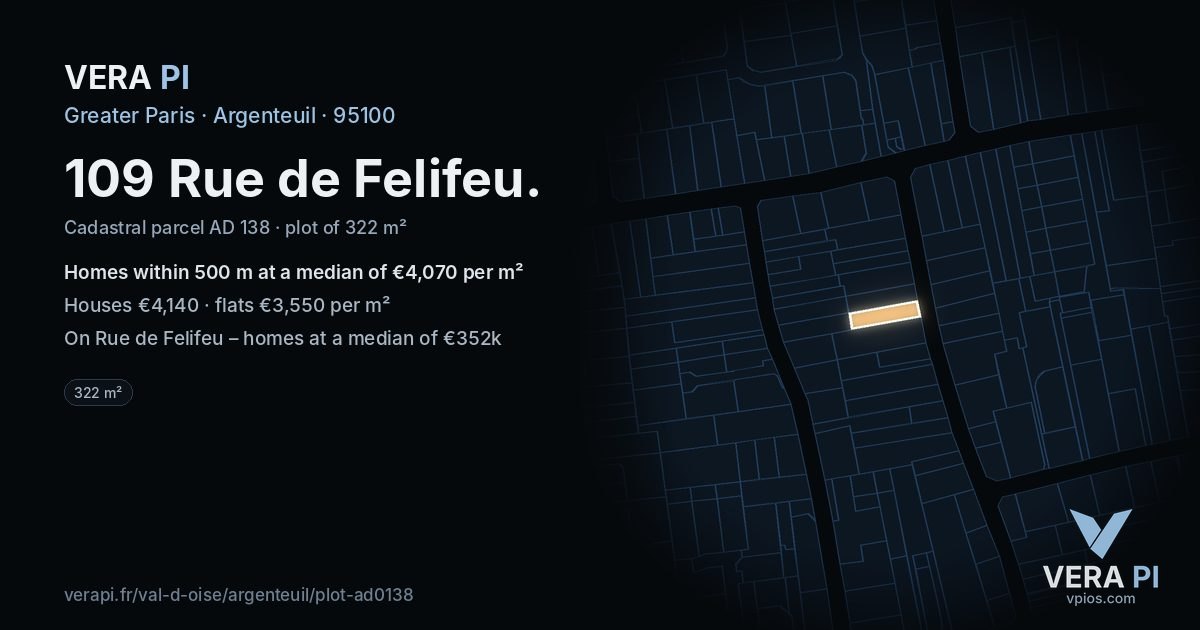 109 Rue de Felifeu, Argenteuil at night – the plot lit, the parcels around coloured by the prices near them