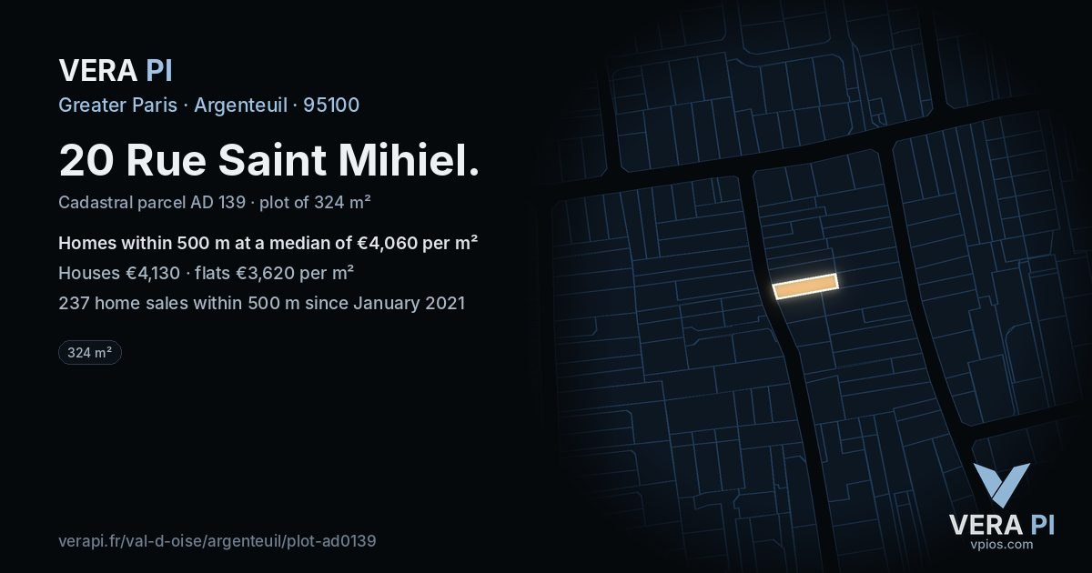 20 Rue Saint Mihiel, Argenteuil at night – the plot lit, the parcels around coloured by the prices near them