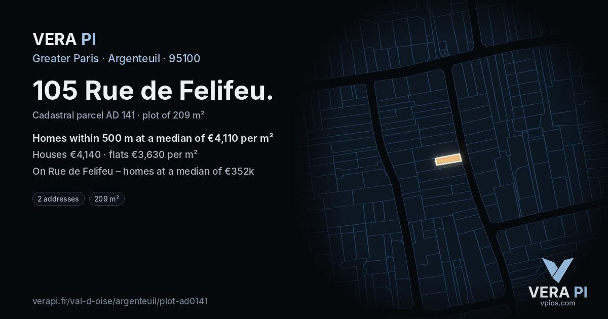 105 Rue de Felifeu, Argenteuil at night – the plot lit, the parcels around coloured by the prices near them