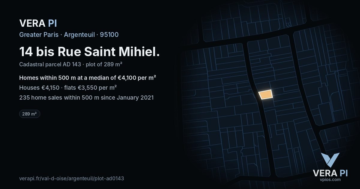 14 bis Rue Saint Mihiel, Argenteuil at night – the plot lit, the parcels around coloured by the prices near them