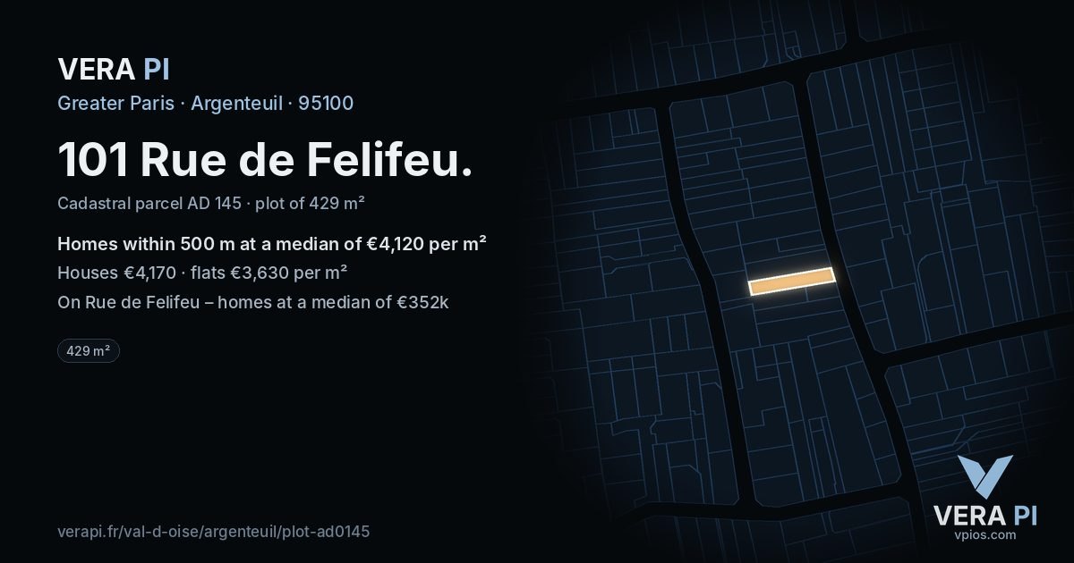 101 Rue de Felifeu, Argenteuil at night – the plot lit, the parcels around coloured by the prices near them