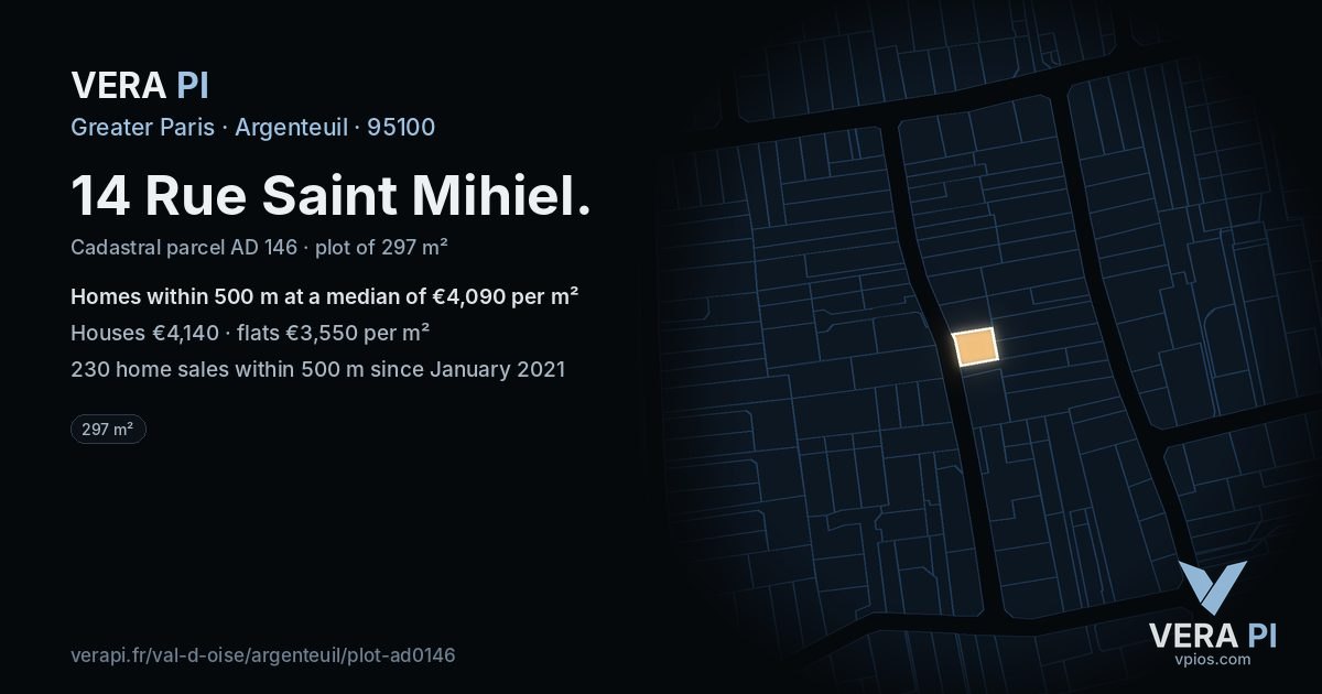 14 Rue Saint Mihiel, Argenteuil at night – the plot lit, the parcels around coloured by the prices near them