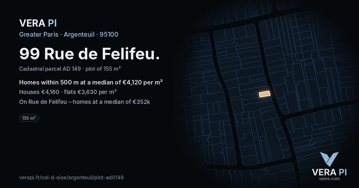 99 Rue de Felifeu, Argenteuil at night – the plot lit, the parcels around coloured by the prices near them