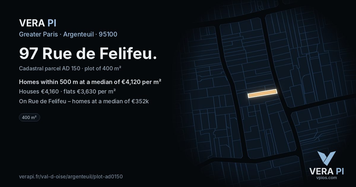 97 Rue de Felifeu, Argenteuil at night – the plot lit, the parcels around coloured by the prices near them