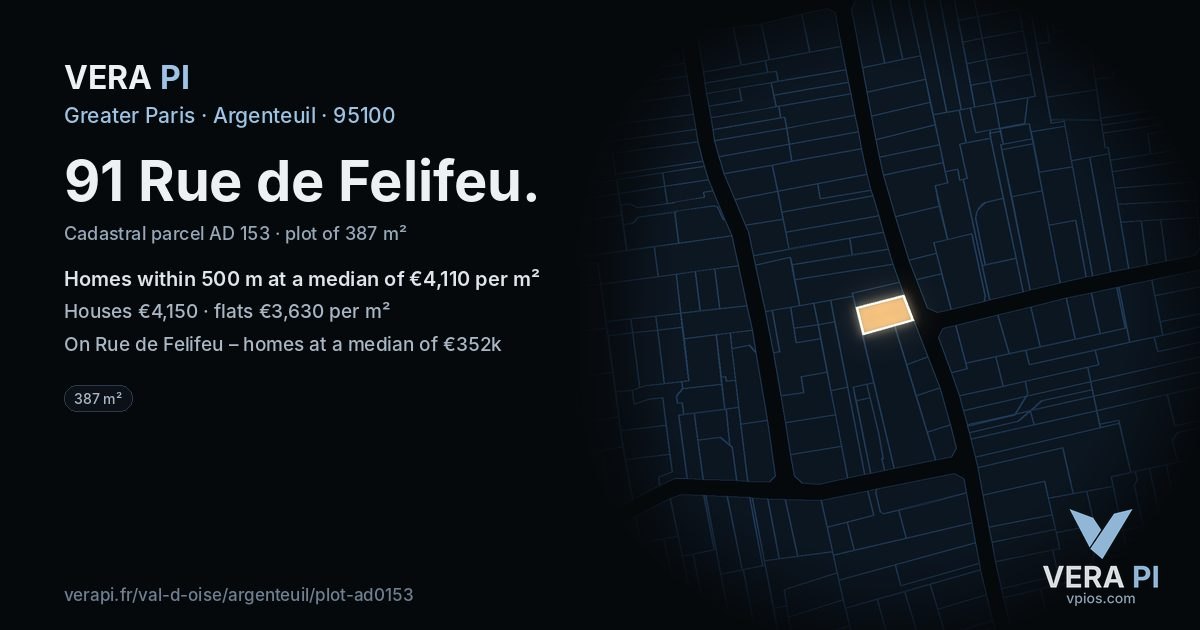 91 Rue de Felifeu, Argenteuil at night – the plot lit, the parcels around coloured by the prices near them
