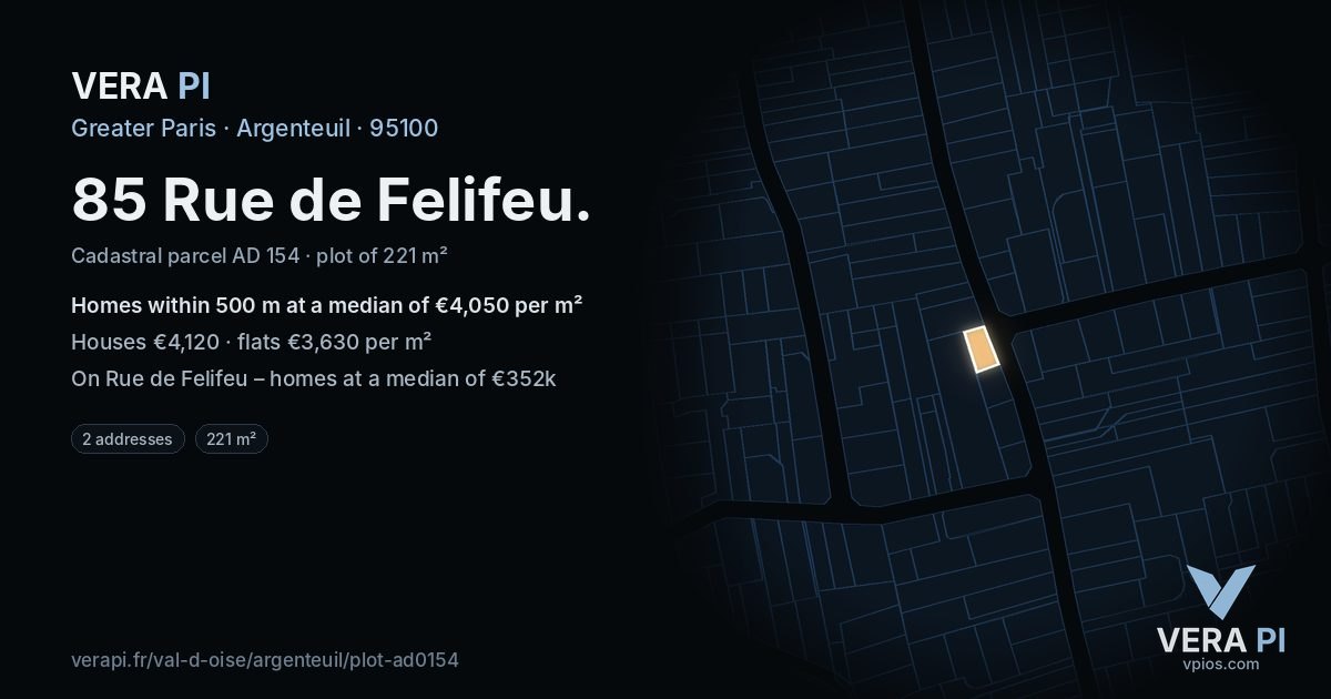 85 Rue de Felifeu, Argenteuil at night – the plot lit, the parcels around coloured by the prices near them