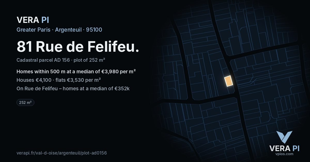 81 Rue de Felifeu, Argenteuil at night – the plot lit, the parcels around coloured by the prices near them