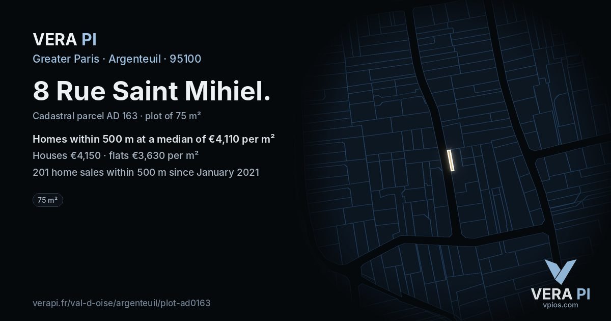 8 Rue Saint Mihiel, Argenteuil at night – the plot lit, the parcels around coloured by the prices near them