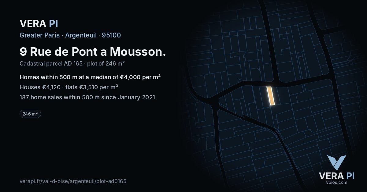 9 Rue de Pont a Mousson, Argenteuil at night – the plot lit, the parcels around coloured by the prices near them