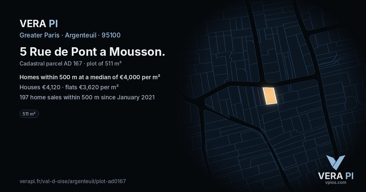 5 Rue de Pont a Mousson, Argenteuil at night – the plot lit, the parcels around coloured by the prices near them