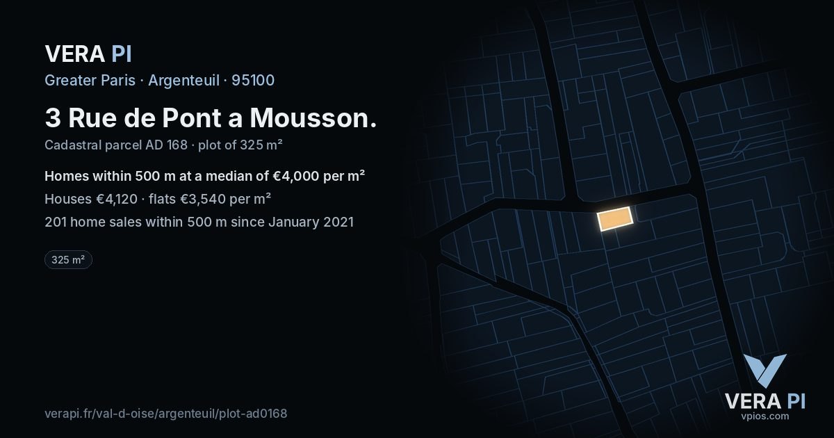 3 Rue de Pont a Mousson, Argenteuil at night – the plot lit, the parcels around coloured by the prices near them