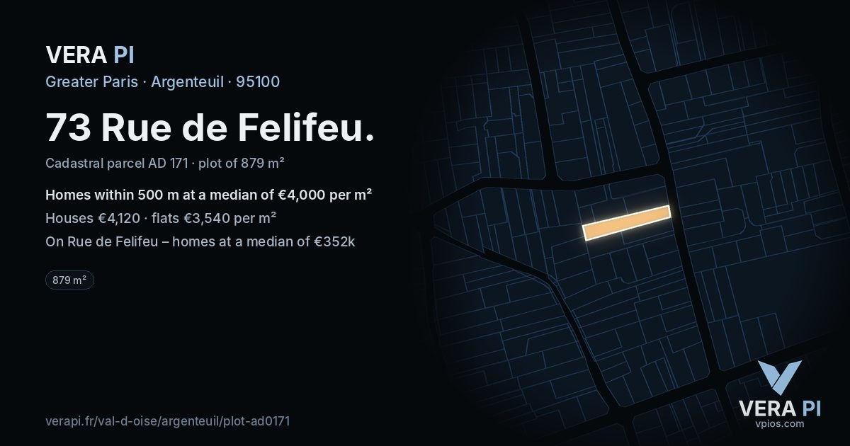 73 Rue de Felifeu, Argenteuil at night – the plot lit, the parcels around coloured by the prices near them