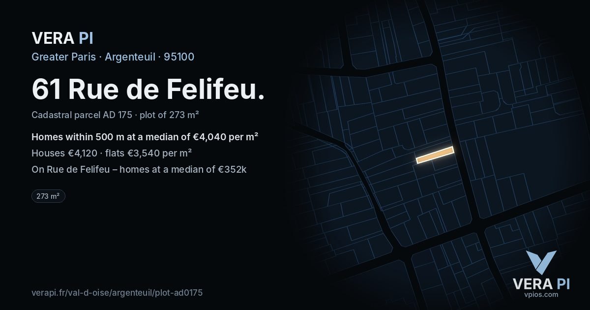 61 Rue de Felifeu, Argenteuil at night – the plot lit, the parcels around coloured by the prices near them