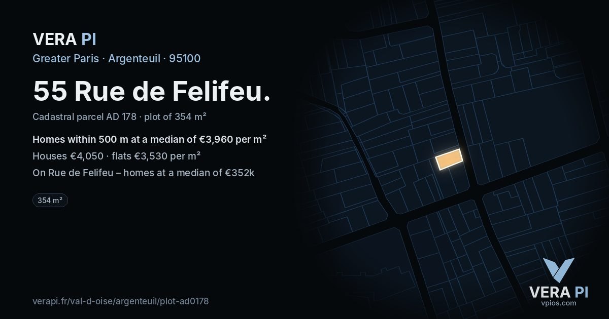 55 Rue de Felifeu, Argenteuil at night – the plot lit, the parcels around coloured by the prices near them