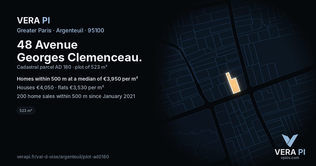 48 Avenue Georges Clemenceau, Argenteuil at night – the plot lit, the parcels around coloured by the prices near them