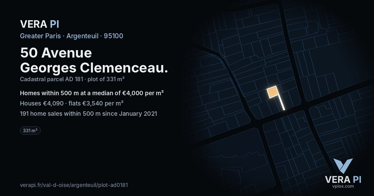50 Avenue Georges Clemenceau, Argenteuil at night – the plot lit, the parcels around coloured by the prices near them