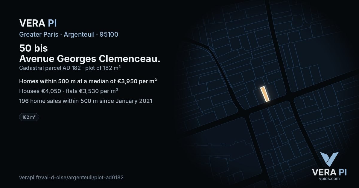 50 bis Avenue Georges Clemenceau, Argenteuil at night – the plot lit, the parcels around coloured by the prices near them