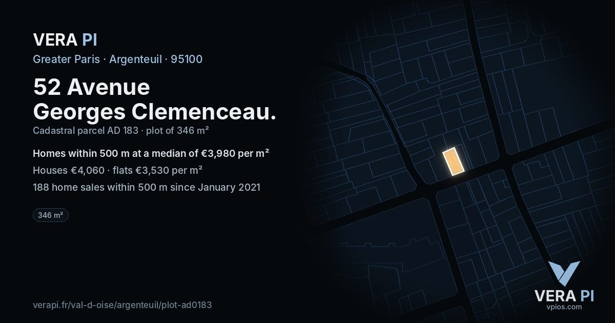 52 Avenue Georges Clemenceau, Argenteuil at night – the plot lit, the parcels around coloured by the prices near them