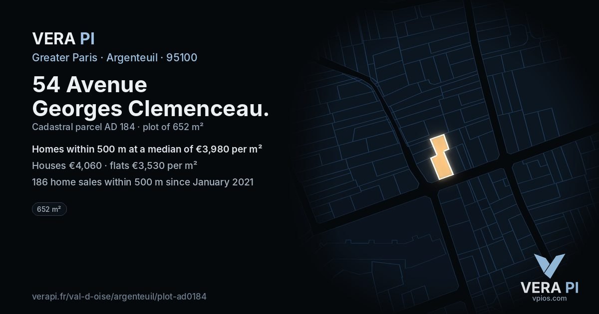 54 Avenue Georges Clemenceau, Argenteuil at night – the plot lit, the parcels around coloured by the prices near them