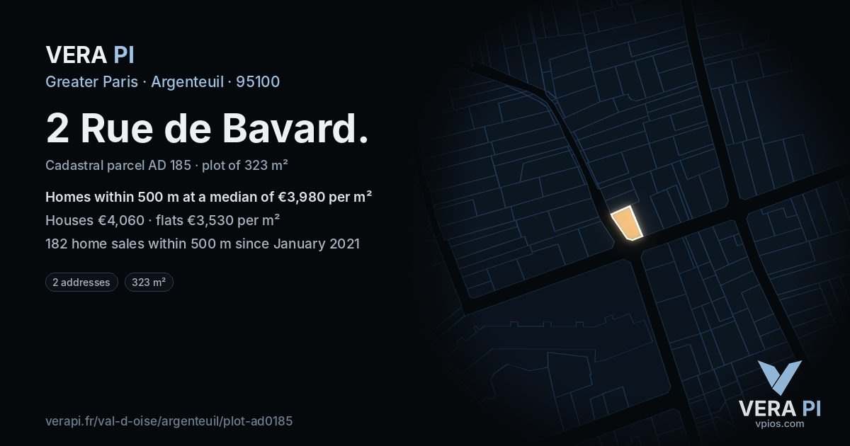 2 Rue de Bavard, Argenteuil at night – the plot lit, the parcels around coloured by the prices near them
