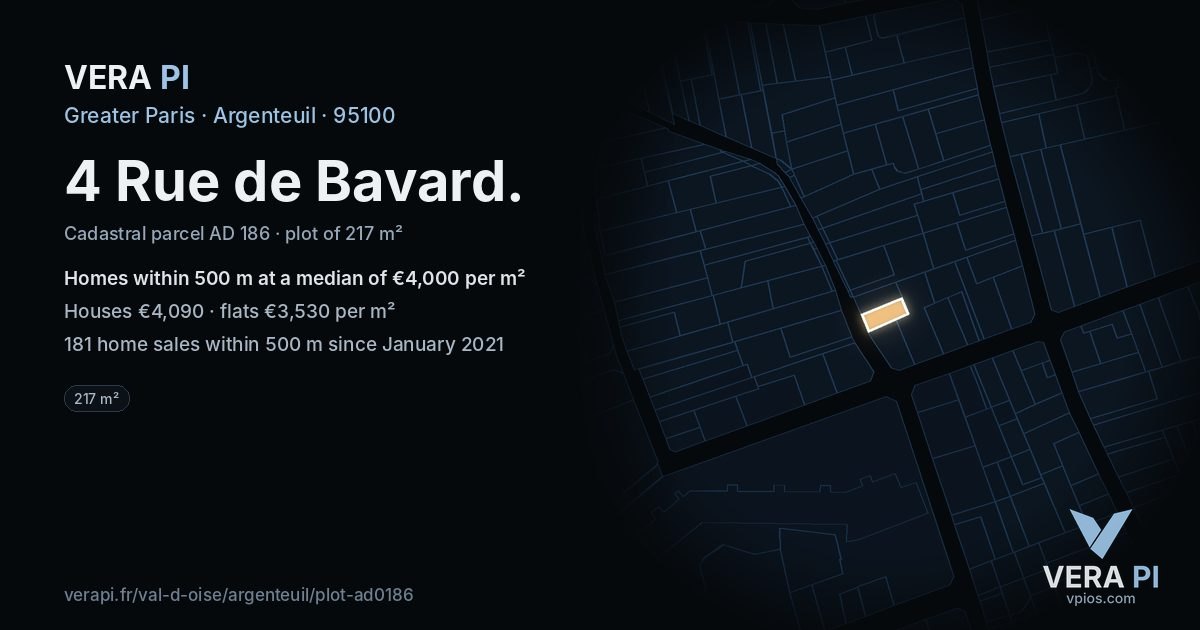 4 Rue de Bavard, Argenteuil at night – the plot lit, the parcels around coloured by the prices near them