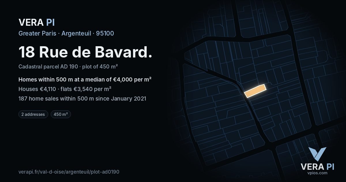 18 Rue de Bavard, Argenteuil at night – the plot lit, the parcels around coloured by the prices near them
