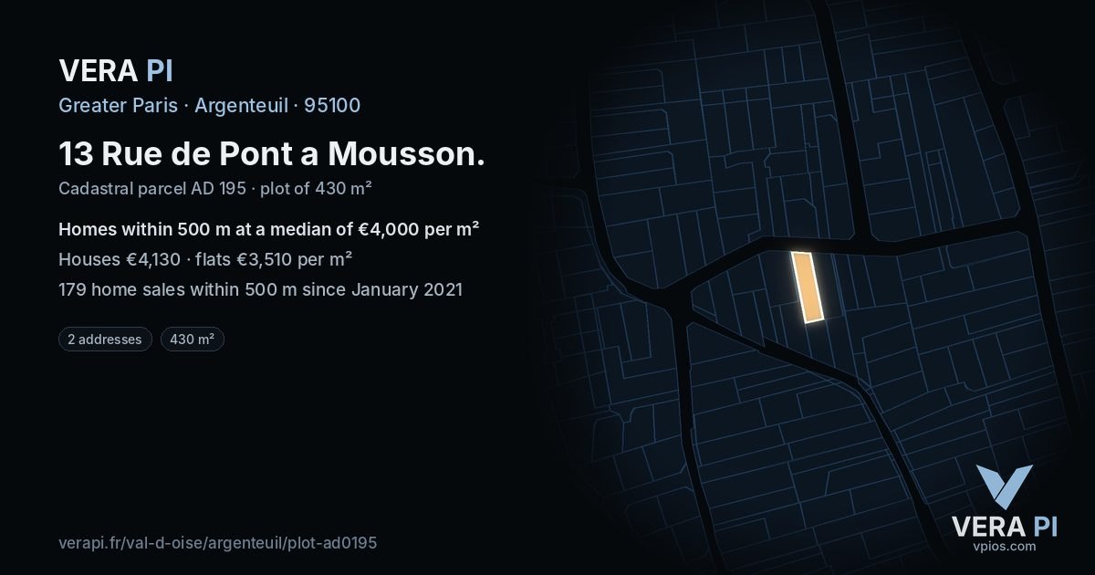 13 Rue de Pont a Mousson, Argenteuil at night – the plot lit, the parcels around coloured by the prices near them